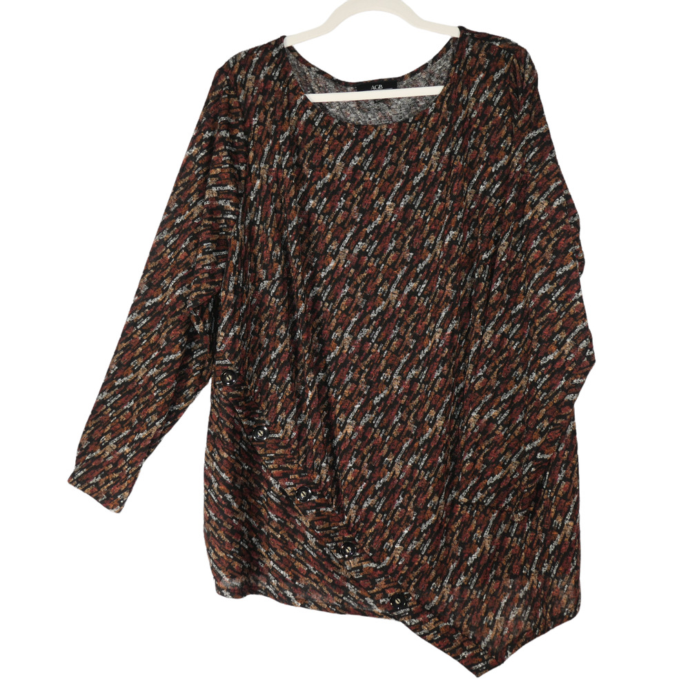 AGB Woman Tunic  Knit Top Size 3x Brown Stretch Asymetrical Hem Button Detailing